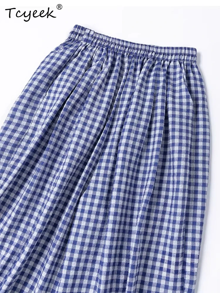 Tcyeek 76% Real Mulberry Silk Streetwear Women 2026 Casual Blue White Checkered Harem Pants Ladies Clothing Pantalon Pour Femme