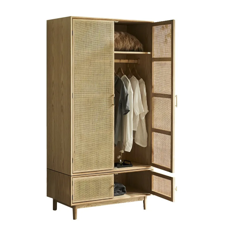 Nordic household sliding door wardrobe simple modern solid wood wardrobe creative homestay rattan storage cabinet