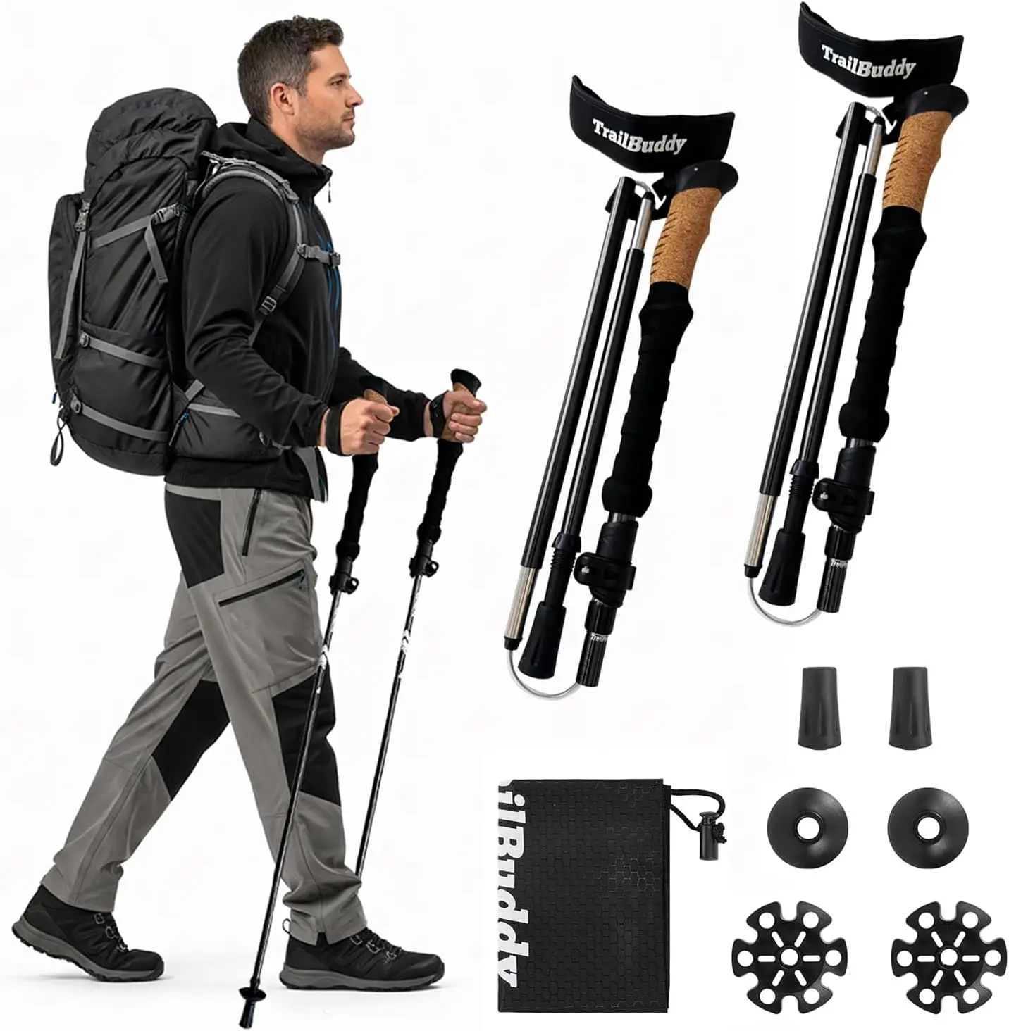 

Foldable Trekking Poles – Ultralight 7075 Aluminum, EVA & Cork Grip, Adjustable Hiking Sticks for Men, Women, Seniors