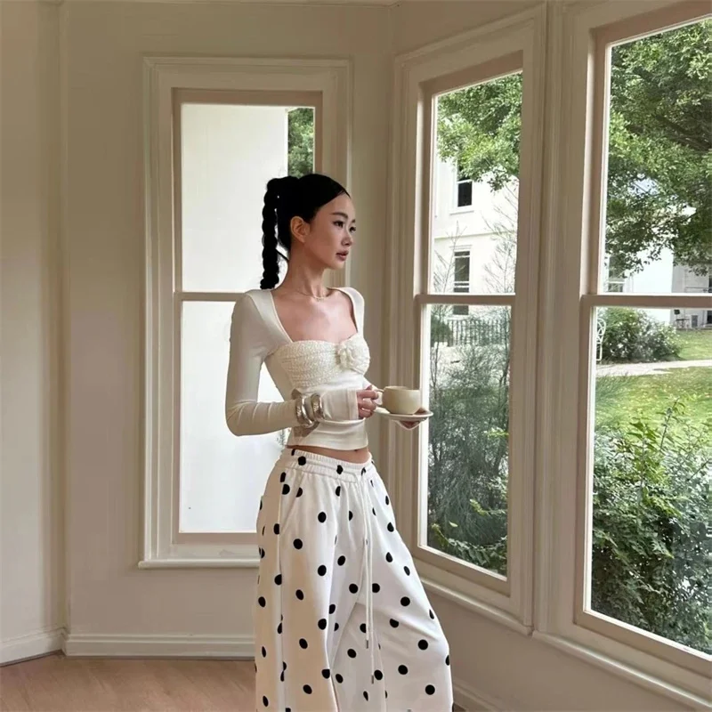 

Wide Leg Trousers Dot Spring Summer Korean Fashion Woman Pants High Waist Drawstring Women's Clothing Streetwear Women