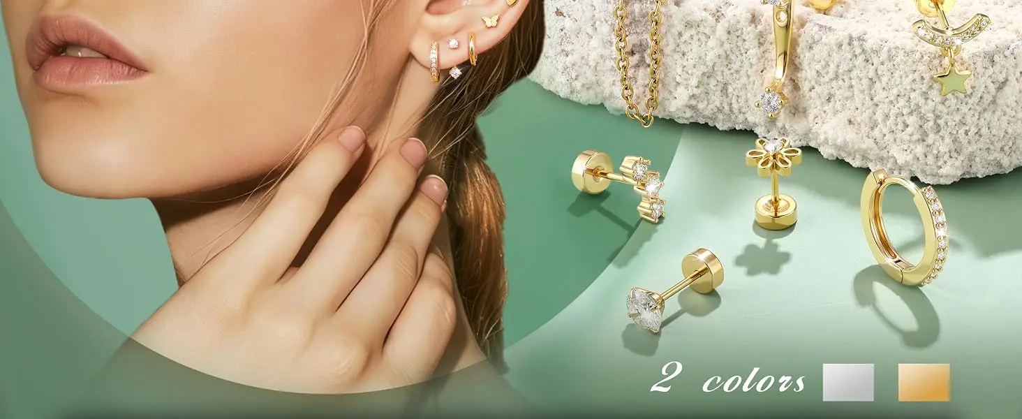 18 Pairs Hypoallergenic Flat Back Earrings Cartilage Earring Stacks 14K Gold Plated Surgical Steel, Dainty Small Hoops Earrings Set for Sensitive Ears Women's Jewelry Gift