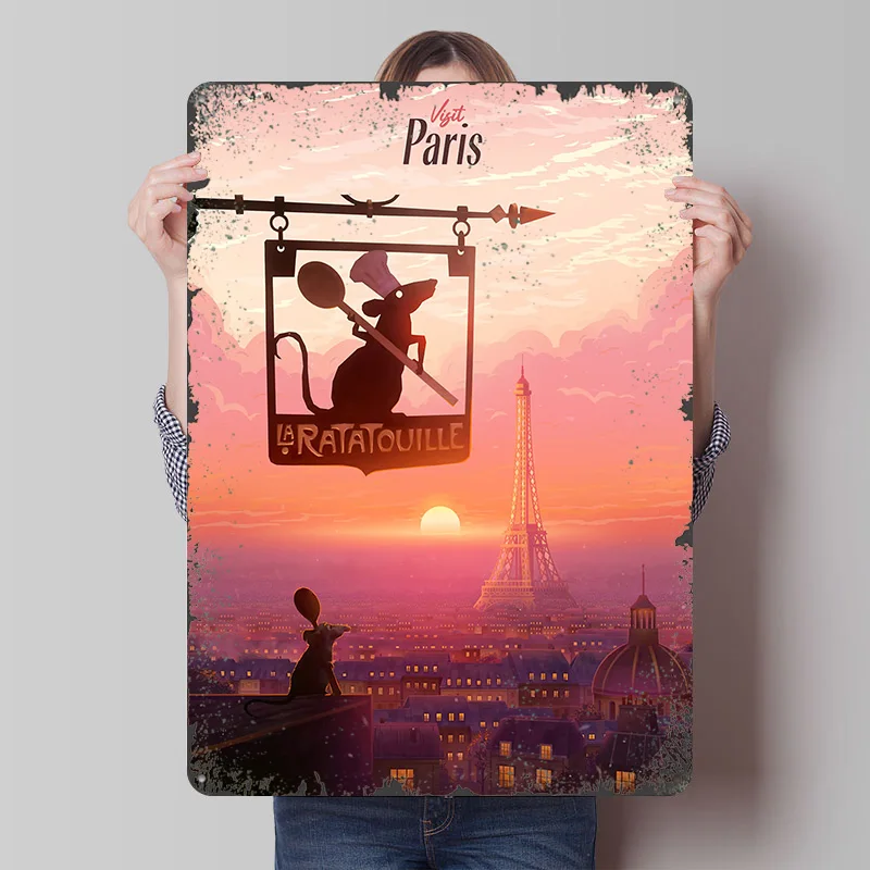 Ratatouille Visit Paris Poster Customized Wall Art Vintage Metal Signs Retro Tin Plaque for Man Cave Decoration Bedroom Decor