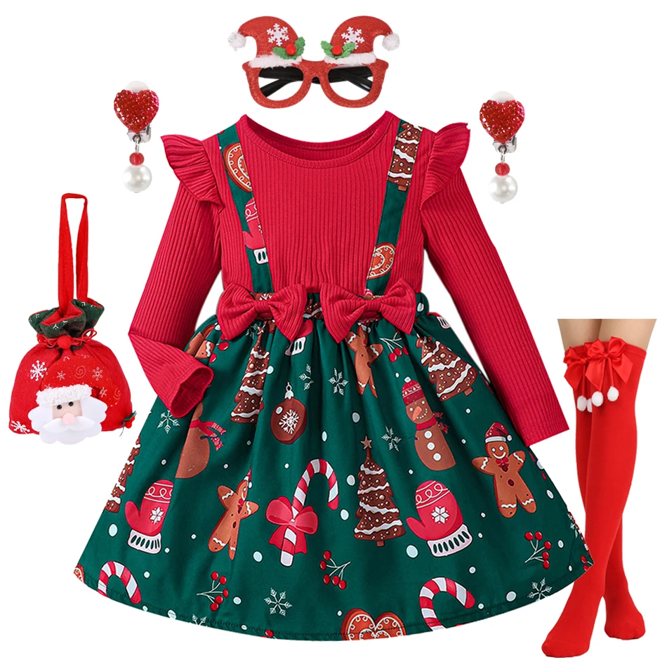 2024 New Kids Christmas Dress Girls Clothes Autumn Winter Cute Cartoon Print Long Sleeve Princess Dress Casual 1-6 YearsY