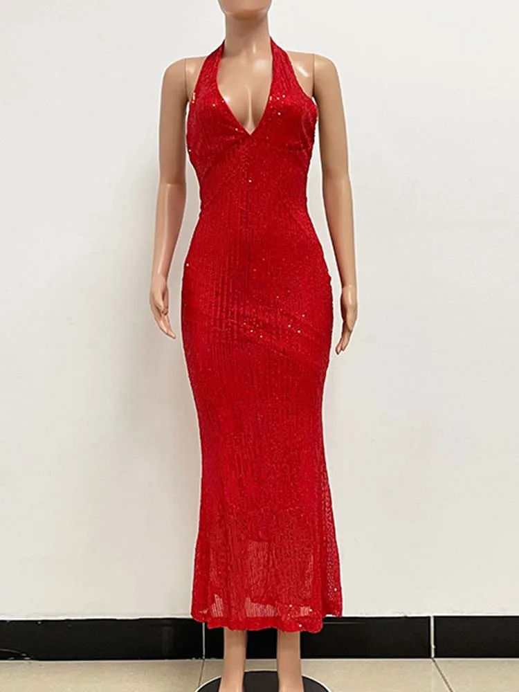 

Sexy Neck Hanging Naked Back Sequined Dress 2025 New Fashionable Women'S Clothing