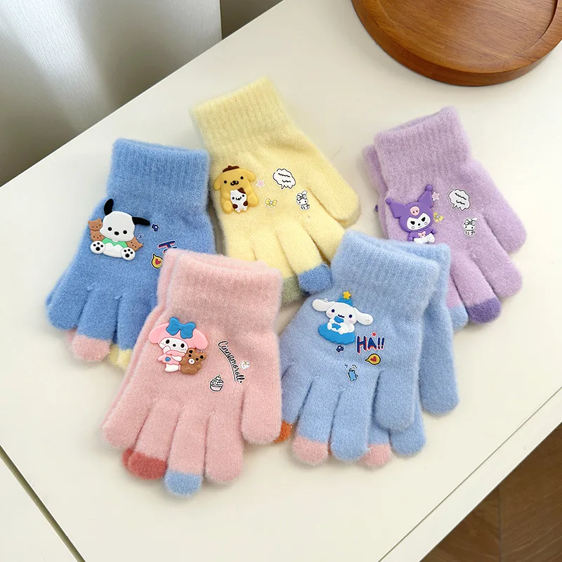 

Sanrio Kuromi Children's Gloves Cartoon My Melody Girl Warm Five Fingers Split Finger Gloves Wool Knitting Winter Cold 5-12years