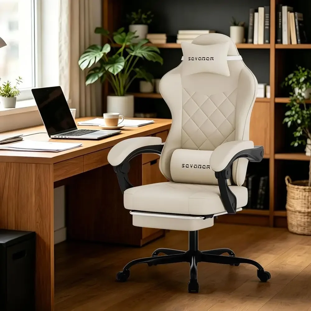 Ergonomic High-Back Swivel Chair with Lumbar Support for Gaming and Office, Beige