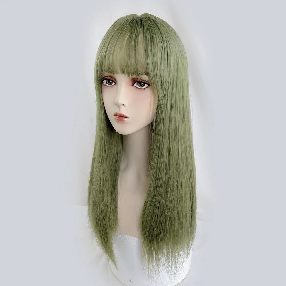 Pelucas verdes sintéticas largas y rectas con flequillo para mujer, peluca de pelo esponjosa Natural de Lolita para Cosplay para fiesta diaria