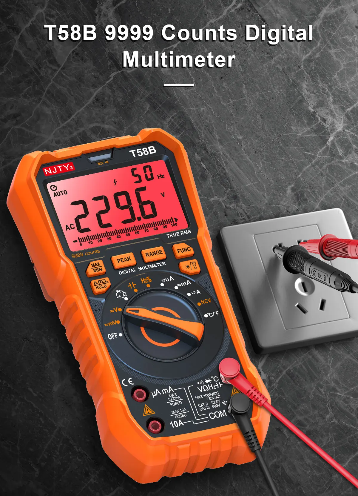 NJTY T58B T58C Induktivitäts-Digitalmultimeter, automatischer Bereich 9999 Zählungen, Spannung, Strom, Kapazität, LED, intelligente Hintergrundbeleuchtung, großer Bildschirm – Detail 5