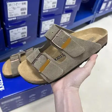 2026 Women Men Double Adjustable Buckle Cork Slide Sandals, Suede Flat Arch Support Casual Slip on Beach Slides