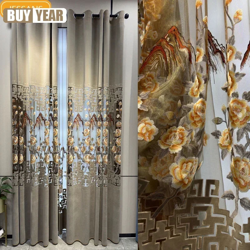 Chinese High-end Landscape Embroidery Flannelette Hollow Curtains for Living Room Bedroom Villa French Window Customization