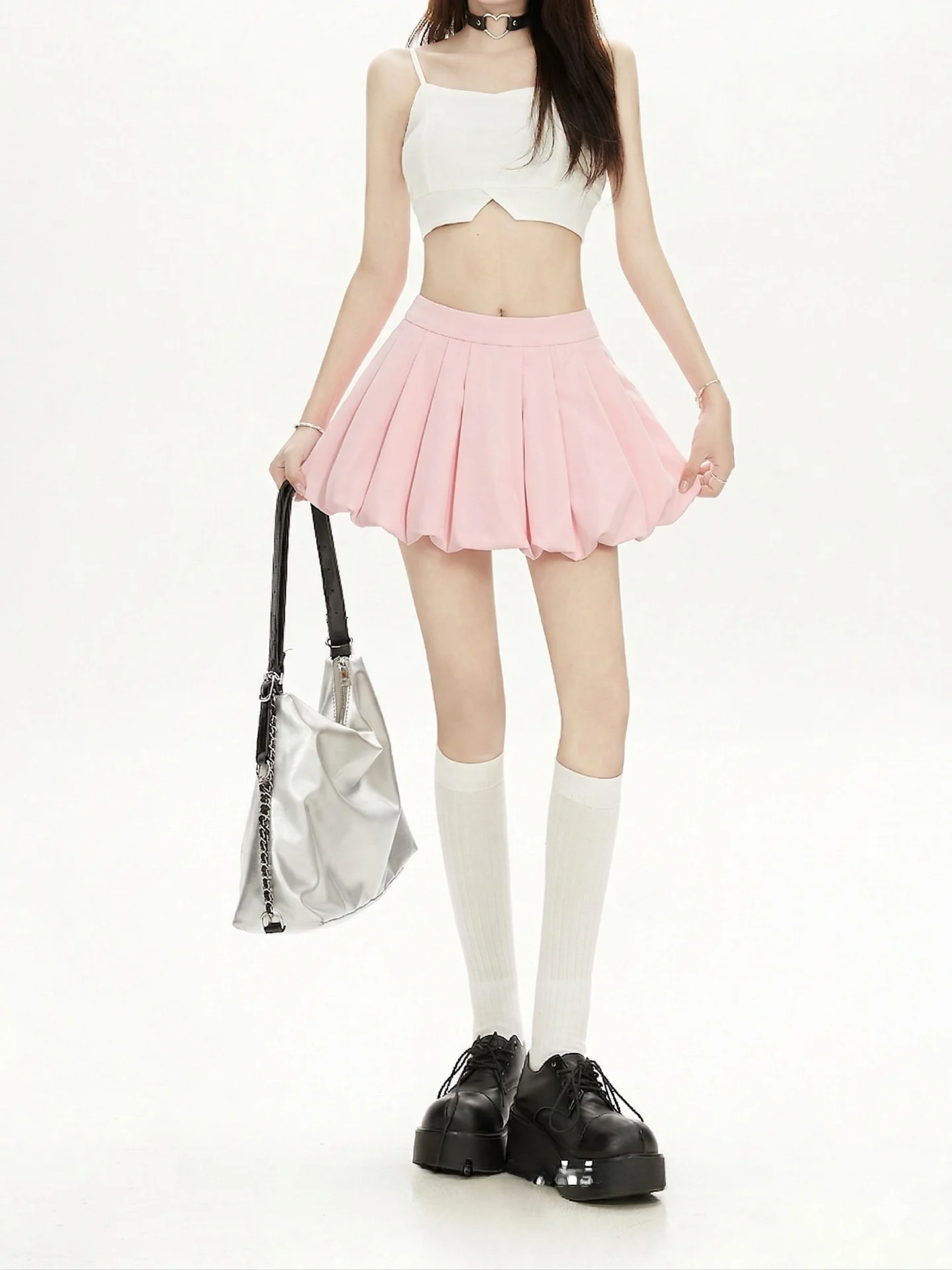 Pink Bloom Pleated  Skirt Women's Unique Half-length Skirts Small Size Pleated Short Skirts Summer Fashion Gradient Color