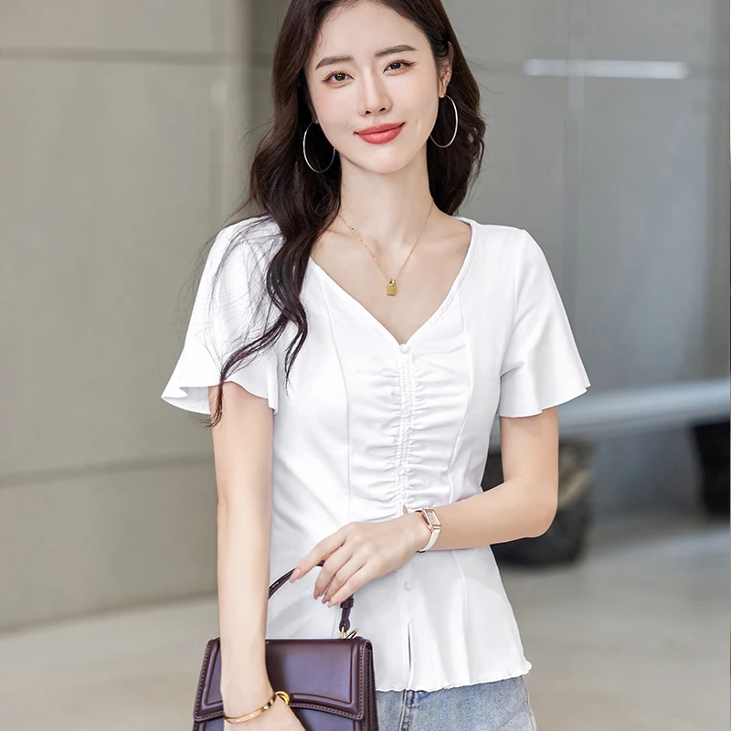 Women's Pure Color Cotton V-neck Short Sleeve T-Shirt Soft Casual Fit Comfortable Everyday Wear Solid Color Tee