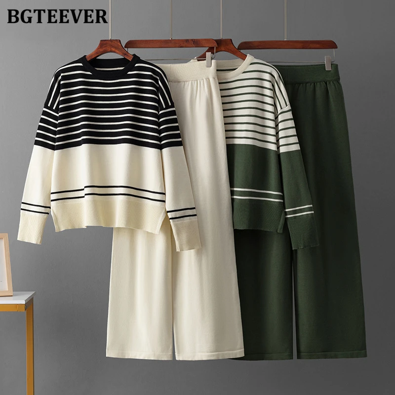 BGTEEVER Casual Loose Women 2 Pieces Knitted Outfits O-neck Long Sleeve Striped Pullover Sweaters & Wide Leg Pants Autumn Winter