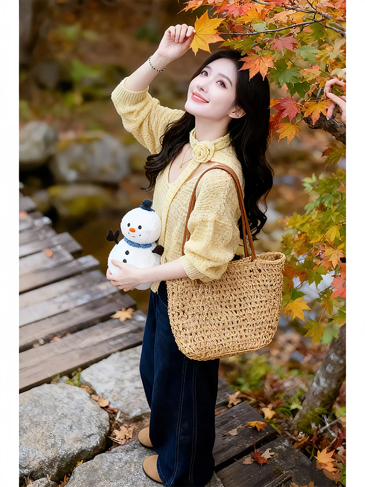 Suéter de punto decorado con motivos florales, cuello tipo gargantilla, ajuste holgado, suave y atractivo, informal, manga larga, cuello en V, transpirable