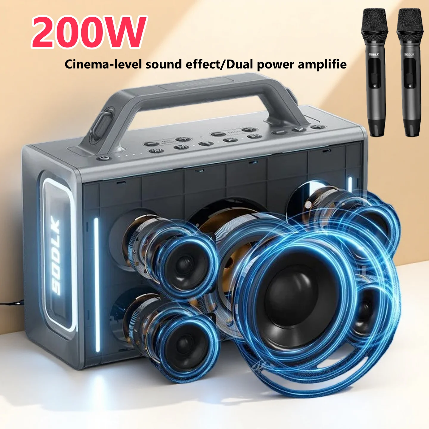 

SODLK S1116 200 Вт Мощный беспроводной Bluetooth-динамик Открытый караоке Домашняя вечеринка 5 звуковых сабвуферов Батарея большой емкости