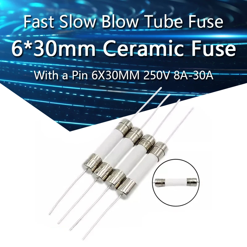 10PCS 6*30mm Ceramic Fuse Fast Slow Blow Tube Fuse With a Pin 6X30MM 250V 8A 10A 12A 15A 20A 25A 30A