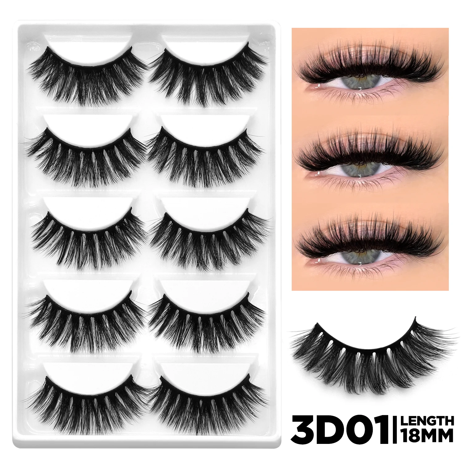 3D Natural False Lashes, Cat Eye, 6 Pairs