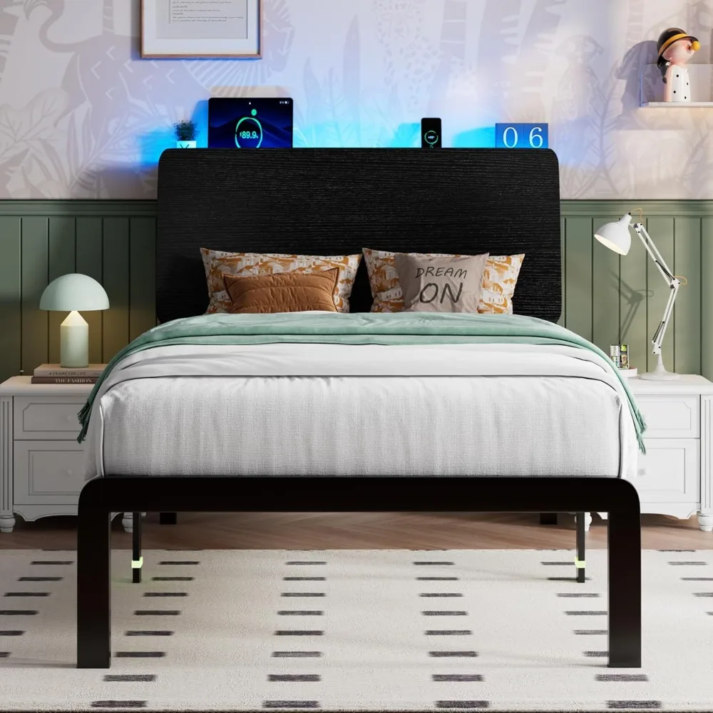 

Metal Twin Bed with Ergonomic Wooden Headboard, Platform Beds with LED Lights and Charging Station