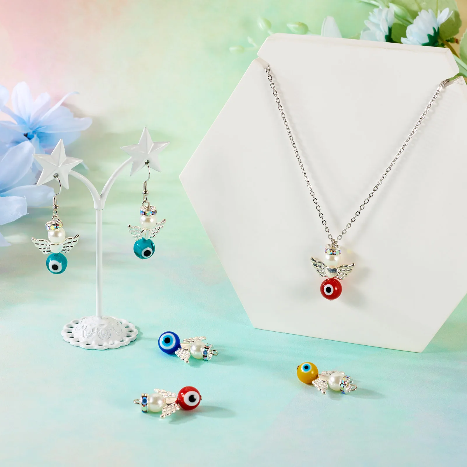 42pcs Fairy Angel Wings Charms Evil Eye Lampwork Pendants for Jewelry Making Necklace Bracelet Earrings Accessories DIY Craft