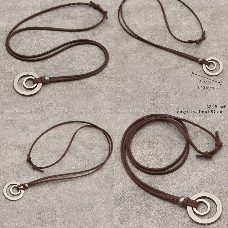 1pc Retro Simple Double Ring Alloy Pendant Necklace Adjustable Flannel Rope Long Short Necklace for Men