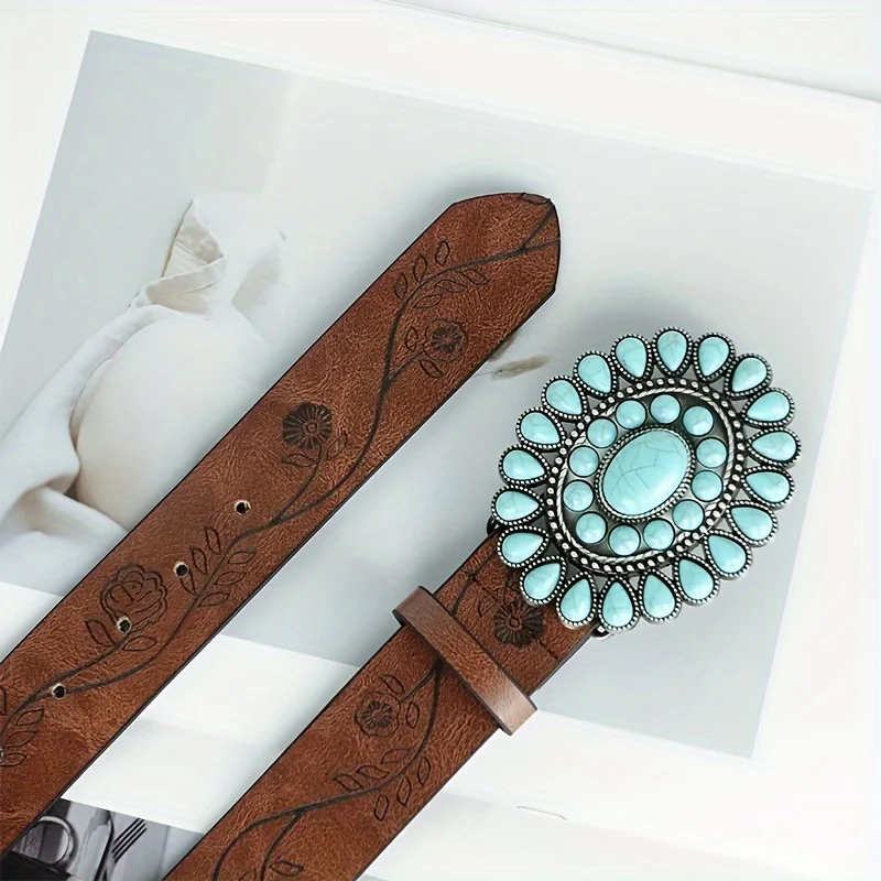 Ladies wear the classic Western belt, brown embossed PU leather, bohemian style oval turquoise buckle belt