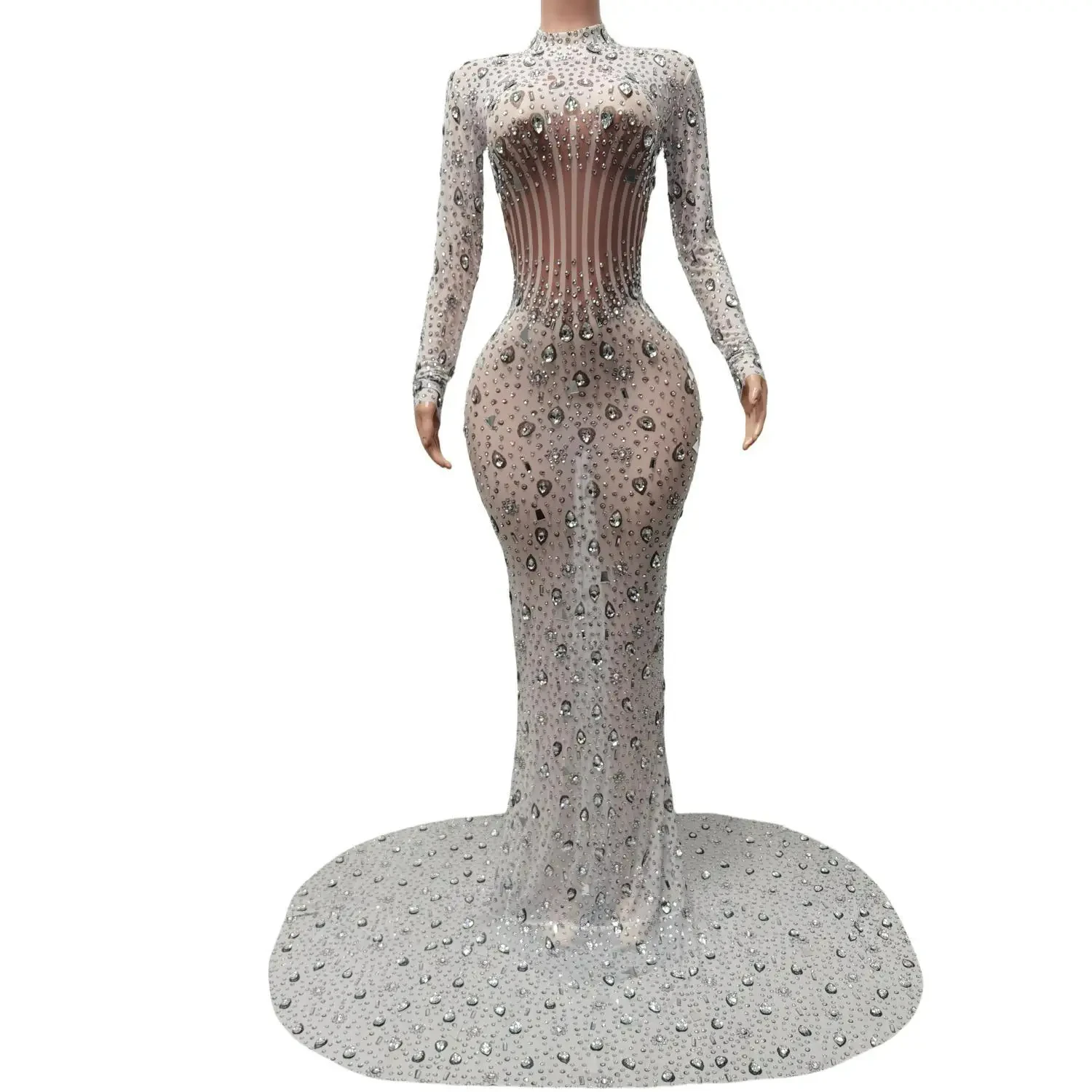 فستان فيستدو دي فييستا شبكي شفاف من خلال الترتر الماسي للولائم المسائية الطويلة حورية البحر فستان العشاء للنساء للحفلات الراقصة فستان البوق