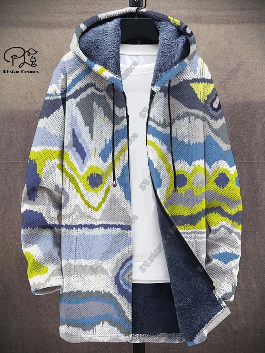 Casaco de zíper com capuz multicolorido masculino e feminino, jaqueta quente casual, impressão 3D, abstrato retrô, monocromático, velo, inverno, novo, D-11