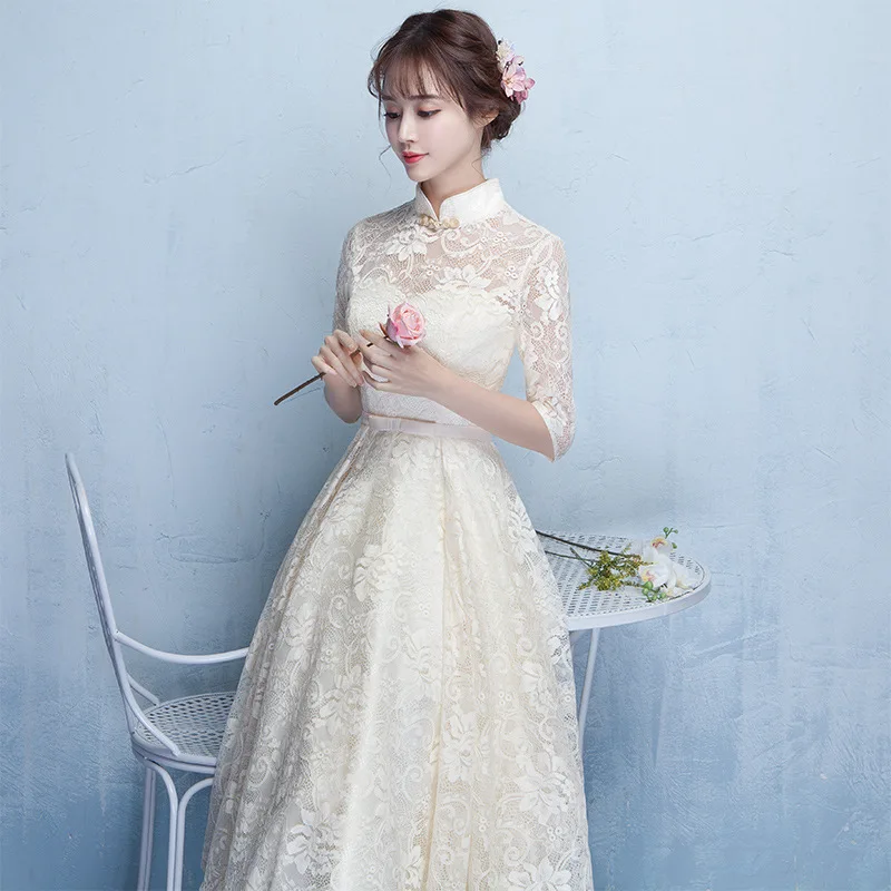 

Yourqipao Chinese Traditional Cheongsam Women Evening Dress Long Sleeve Bridemsiad Prom Gowns