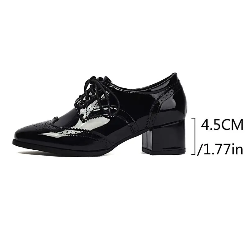 SIMLOVEYO Modern Oxford Ladies Heels Solid Heel 4.5cm Lace Closure Hollow Glossy Surface Extended Sizes 41 42 43 Footwear