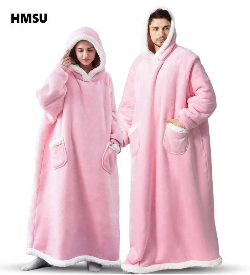 

HMSU Winter Oversized Hoodies Sweatshirt Women Men Pullover TV Blanket Hoodie Super Long Flannel Blanket with Sleeves Sudaderas