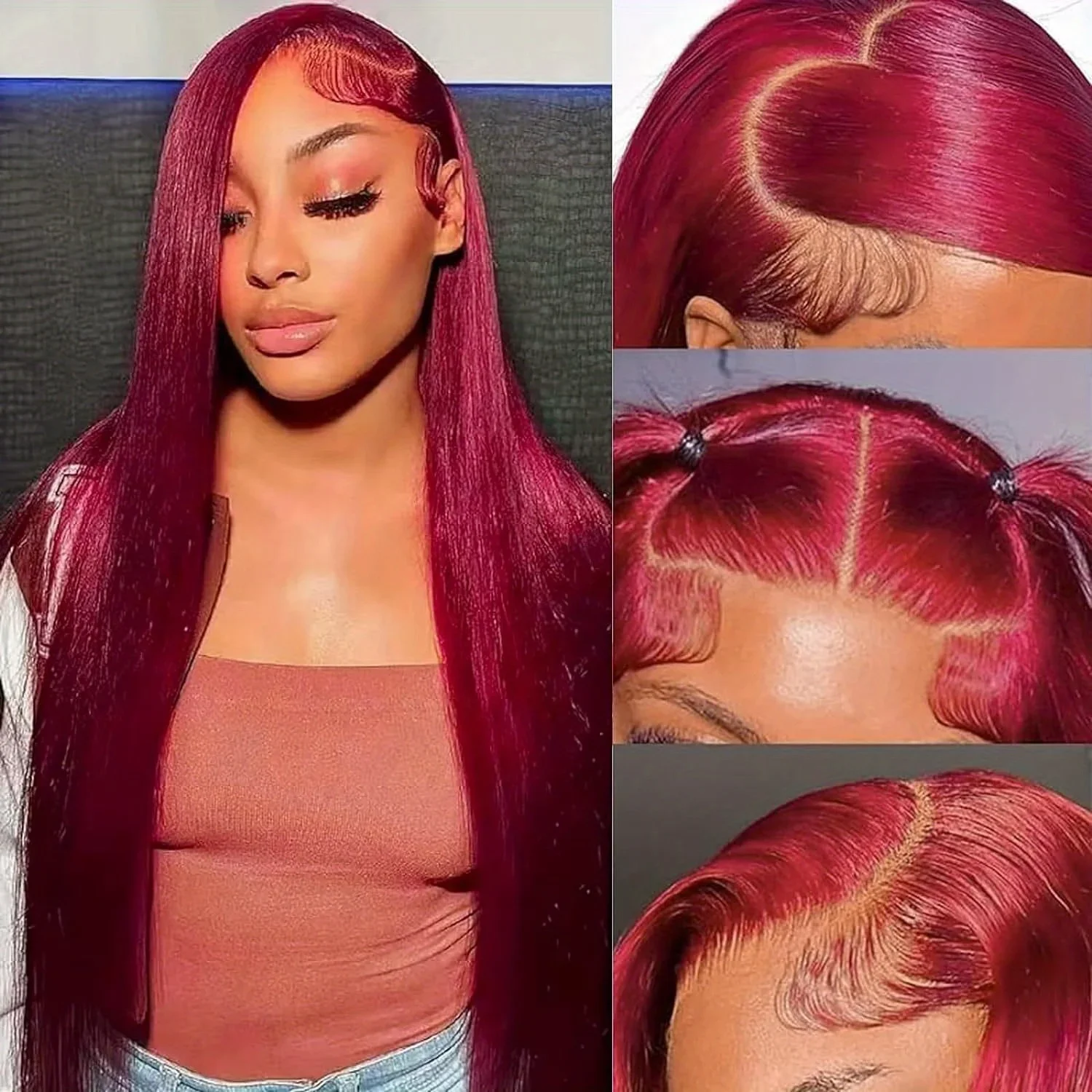 38in 13X6 99J Burgundy Colored Bone Straight Hair HD Lace Front Wig Human Hair Wigs Pre-Plucked Red Lace Frontal Human Hair Wigs image 5