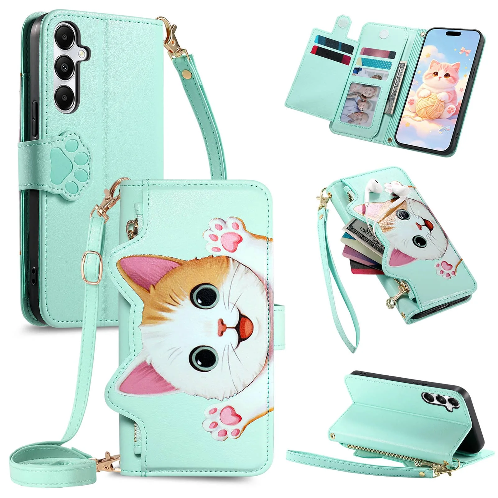 Cute Zipper Crossbody Case for Samsung Galaxy A17 A16 A15 A14 A13 A26 A22 A21S A30 A07 A06 with Card Slots Wrist Strap Lanyard