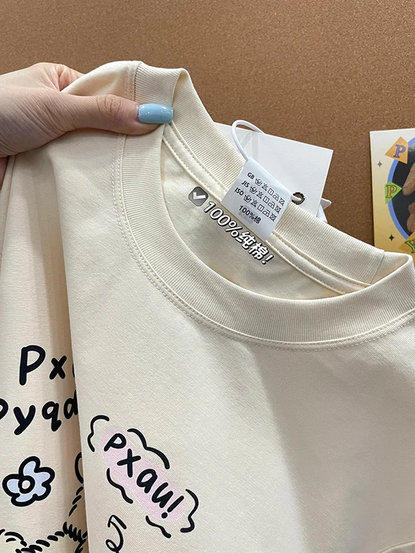 تي شيرت نسائي من القطن الخالص ort Sve فضفاض مناسب للصيف ماركة Faion مطبوع عليه رسوم كرتونية بلوزة متوسطة الطول