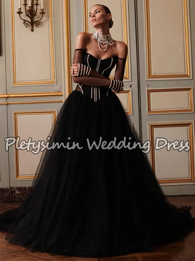 Vestidos De Novia góticos negros con hombros descubiertos, Vestido De Novia De corte en A De tul con corsé De perlas, Vestido De Novia transparente De manga larga personalizado
