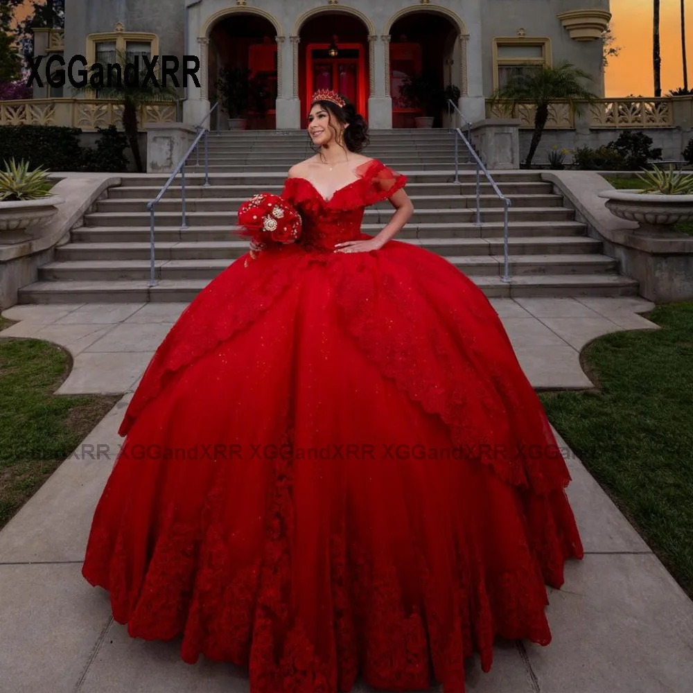 Elegant Red Quinceanera Dresses 2024 V Neck Birthday Party Princess Sweet 16 Dress Prom Gown Appliques Vestidos De 15 Años XV