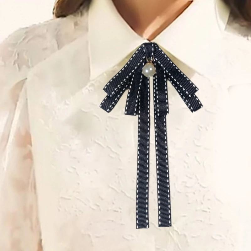 Damski zawiązany krawat z kokardką ze sztucznych pereł kokardki broszka ze wstążką szpilka damska elegancka regulowana koszula z kołnierzem dla