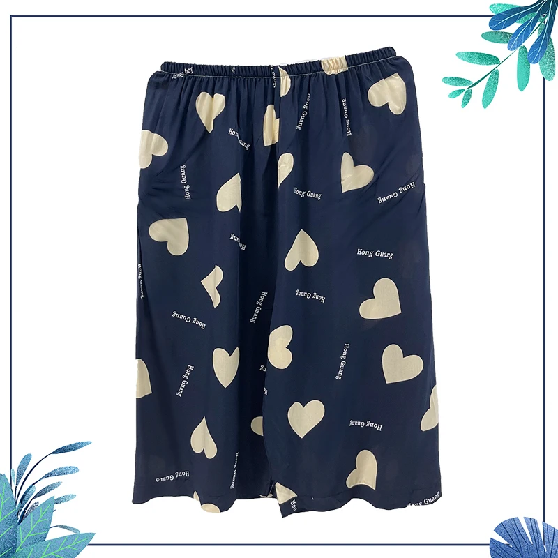 

Men's Summer ort Pajama Pants Loose Fit Lightweight Artificial Silk Home Clothes Thin Model Youth Heart Pattern Printed