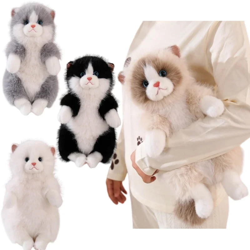 Lifelike Fluffy Cat Plush Home Decor Ornament Realistic Black White Stuffed Kitten Animal For Living Room Shelf Bedroom Gift
