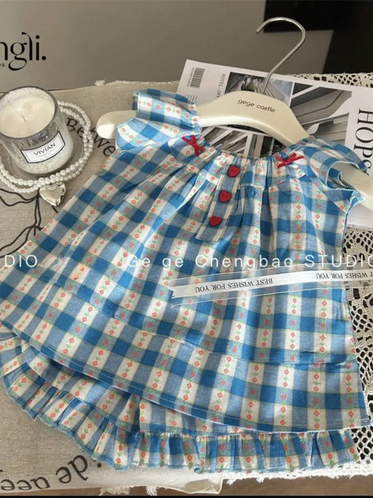 Girls Suit New 2024 Summer Dress Girl Baby Plaid Summer Two-piece Blue Plaid Fashion Girl Korean Simple Style Clothes Suits