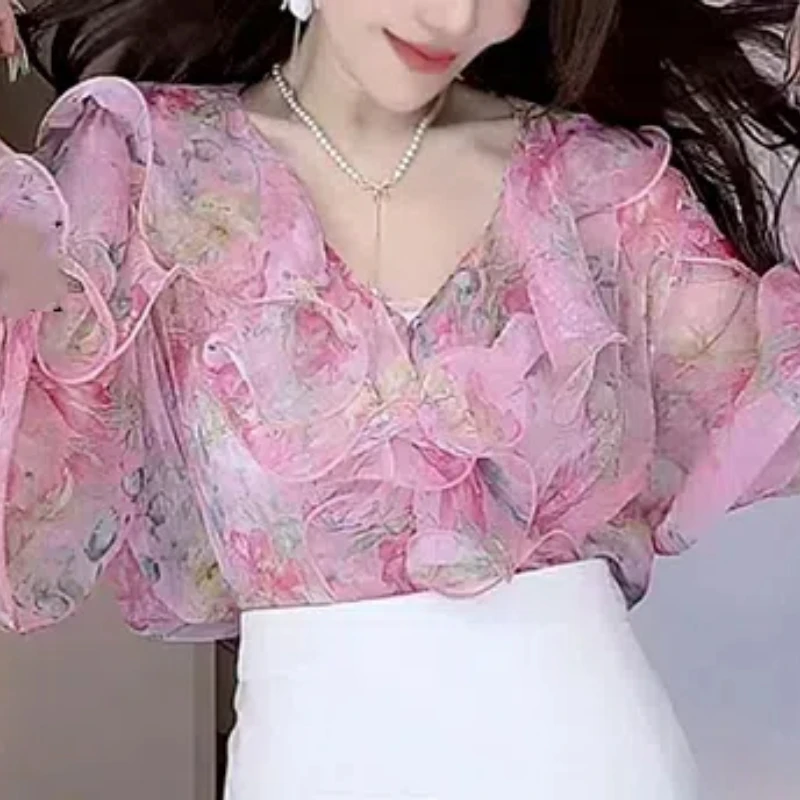 French Floral Ruffled New Summer 2024 Patchwork V-neck Printing Fashion Slim Minimalist Casual Long Sleeved Blouses Shirts