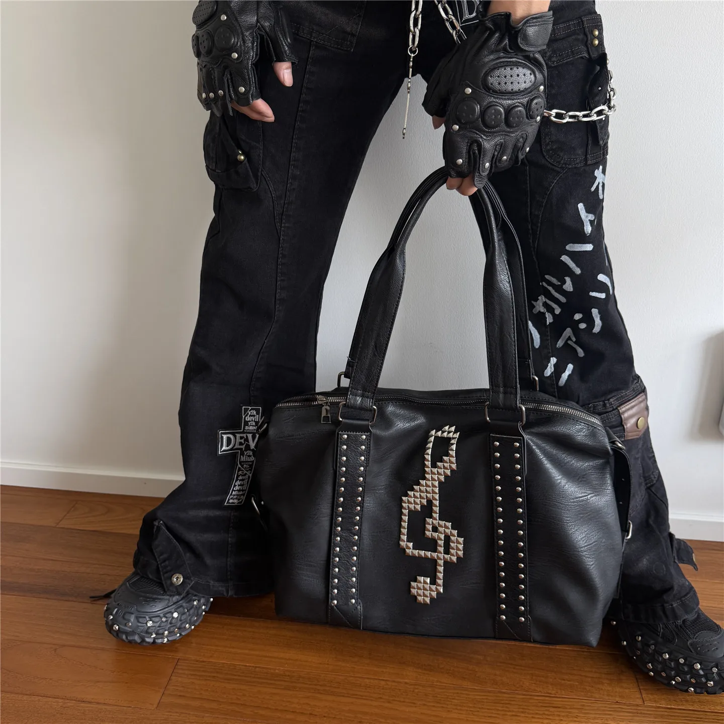 Tote Bag Rivet Music Note Y2k Hot Girl Bag Black Large Capacity Commuter Messenger Bag