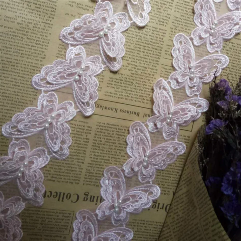 나비 진주 자수 레이스 트림 리본 아플리케 바느질 공예 크로셰 원단 테두리 트리밍 웨딩, 2 야드 라이트 핑크