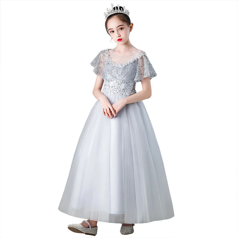 Children White Wedding Dresses 3 To 14 Years School Host Performance Costumes Teens Girls Birthday Party Princess Long Dresses