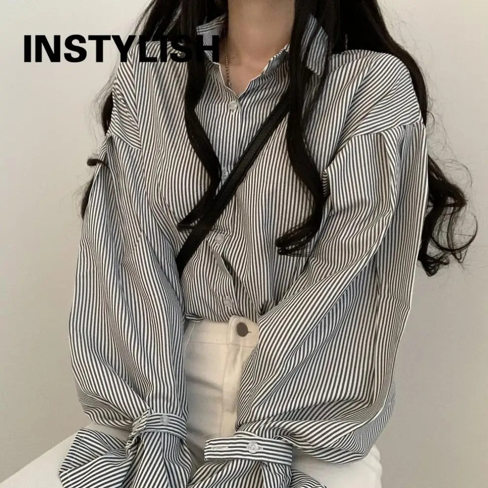 Elegant Striped Oversized Blouse Fashion Korean Puff Long Sleeve Loose Shirt Women Boyfriend Harajuku Tops Casual Chic Tunics