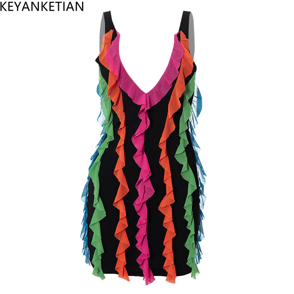 

KEYANKETIAN Women's Summer New Colorful Lotus Leaf Trim Sexy Tight-Fitting V-neck Wrap Buttock Dress Sleeveless Mini Skirt