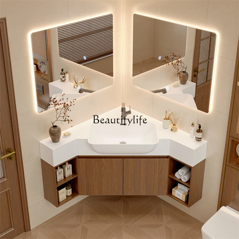 Log wind corner bathroom cabinet Small apartment corner wash basin cabinet
