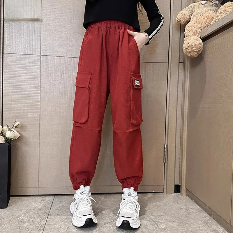 

2025 Spring Autumn New Girl's Cargo Pants Athleisure Loose Fit Tapered Ankles Casual Streetwear Long Pants Kids' Outdoor Wear