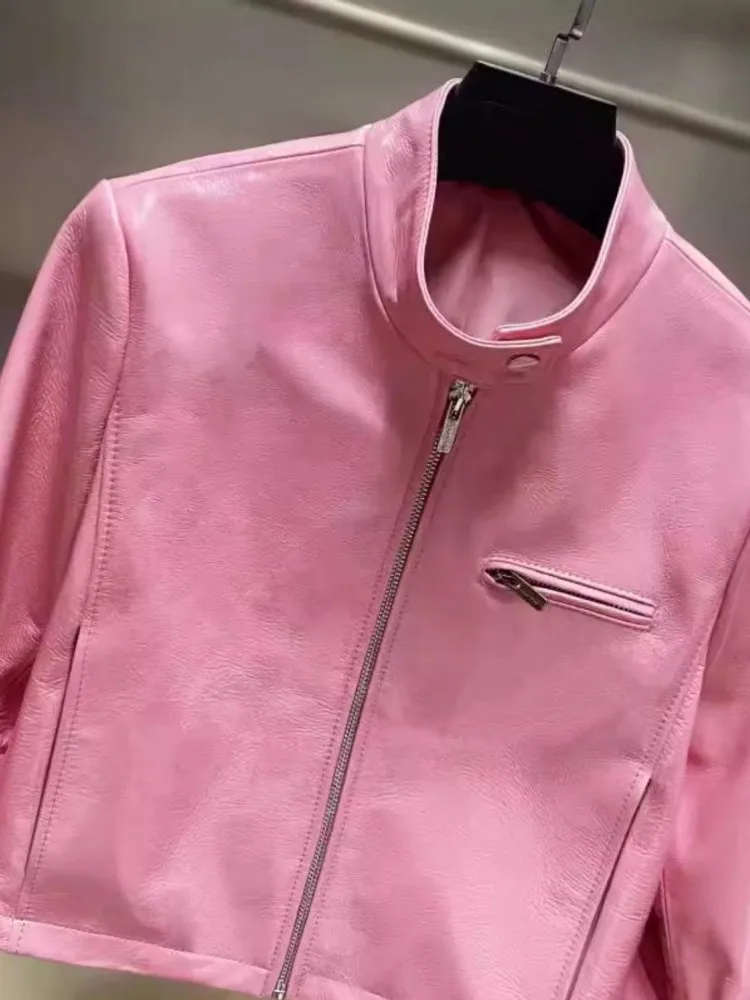 핑크 여성용 광택 양가죽 진짜 가죽 재킷 슬림 핏 지퍼 스탠드 칼라 모터사이클 바이커 방풍 숏 스타일 코트
