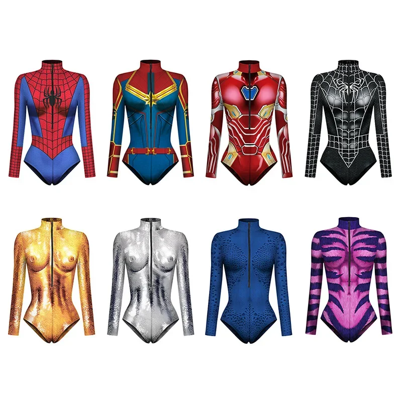 3D igital Printed Long Sleeve Cosplay Women's Sexy Tights Pants Triangle Spider Bodysuit Halloween Hero Costume for Men Women