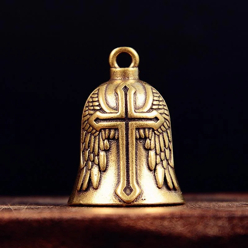 Vintage Cross Wings Angel Guardian Bell Motorcycle Necklace Brass Charm Pendant Rider Jewelry Lucky Amulet Gift